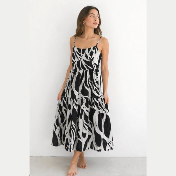 Rachel Zoe Dresses & Skirts - Rachel Zoe Womens Large Midi Dress Black White Abstract Linen Blend Smocked Boho